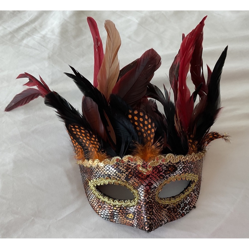 Venetian Masquerade Mask Red Black Feathered Snakeskin Sequin Costume Eye Mask